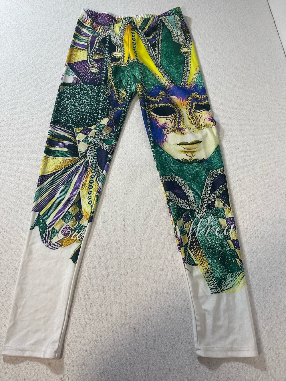 Colorful Mardi Gras Mask Print Leggings,Purple, Green and Gold (Large), SKU#0344